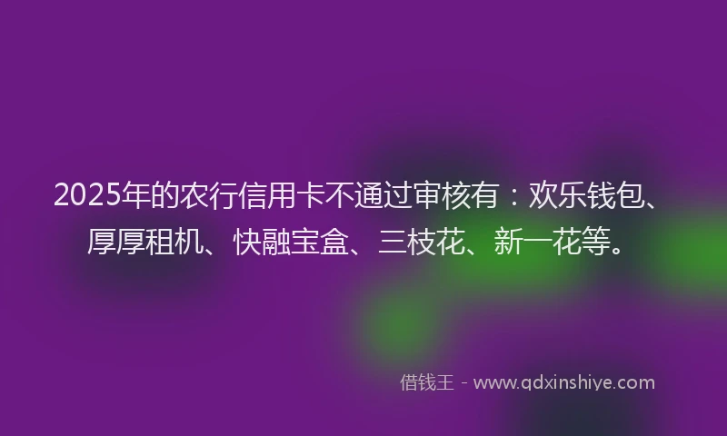 2025年的农行信用卡不通过审核有:欢乐钱包、厚厚租机、快融宝盒、三枝花、新一花等。