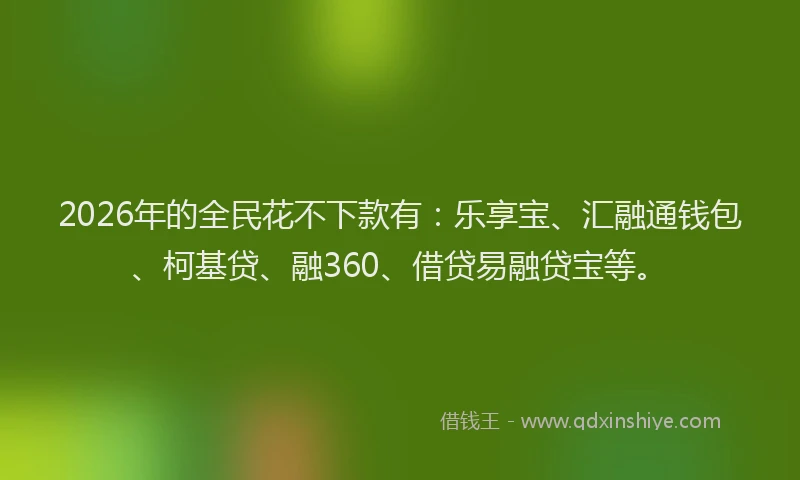 2026年的全民花不下款有:乐享宝、汇融通钱包、柯基贷、融360、借贷易融贷宝等。