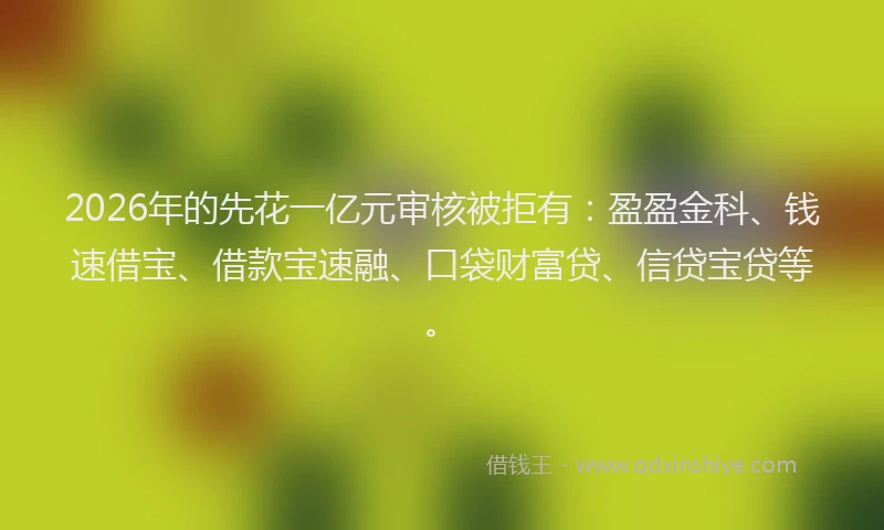2026年的先花一亿元审核被拒有：盈盈金科、钱速借宝、借款宝速融、口袋财富贷、信贷宝贷等。