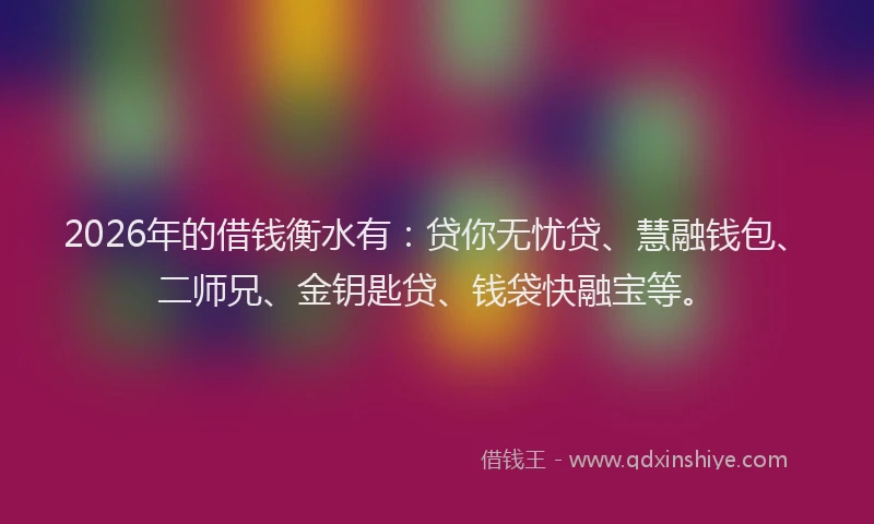 2026年的借钱衡水有:贷你无忧贷、慧融钱包、二师兄、金钥匙贷、钱袋快融宝等。