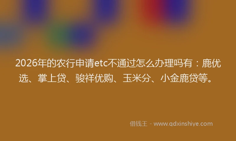 2026年的农行申请etc不通过怎么办理吗有：鹿优选、掌上贷、骏祥优购、玉米分、小金鹿贷等。