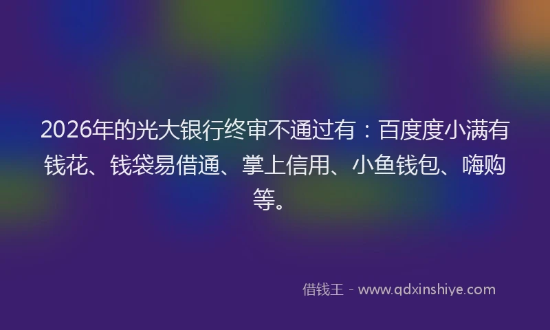 2026年的光大银行终审不通过有：百度度小满有钱花、钱袋易借通、掌上信用、小鱼钱包、嗨购等。