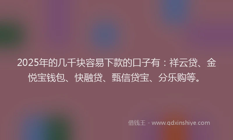 2025年的几千块容易下款的口子有：祥云贷、金悦宝钱包、快融贷、甄信贷宝、分乐购等。