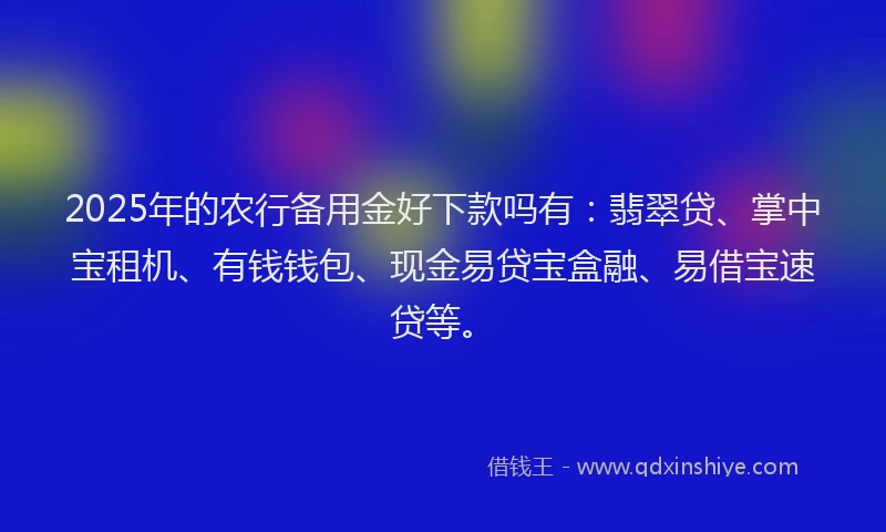 2025年的农行备用金好下款吗有：翡翠贷、掌中宝租机、有钱钱包、现金易贷宝盒融、易借宝速贷等。
