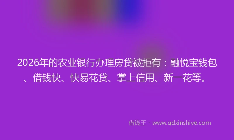 2026年的农业银行办理房贷被拒有:融悦宝钱包、借钱快、快易花贷、掌上信用、新一花等。