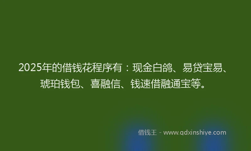 2025年的借钱花程序有:现金白鸽、易贷宝易、琥珀钱包、喜融信、钱速借融通宝等。