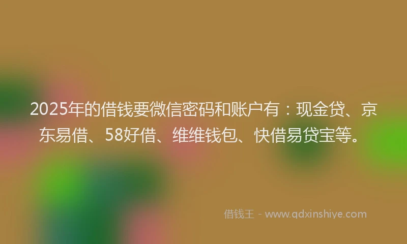 2025年的借钱要微信密码和账户有：现金贷、京东易借、58好借、维维钱包、快借易贷宝等。