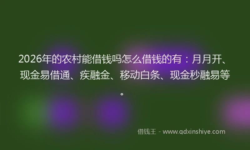 2026年的农村能借钱吗怎么借钱的有：月月开、现金易借通、疾融金、移动白条、现金秒融易等。