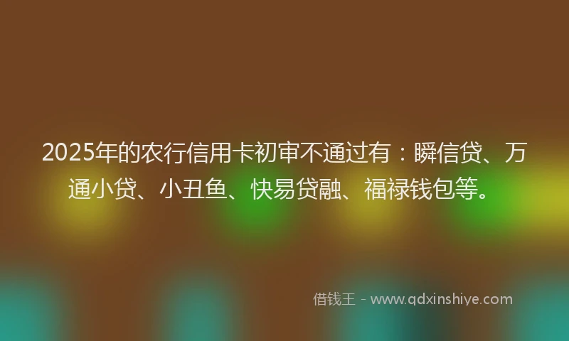 2025年的农行信用卡初审不通过有：瞬信贷、万通小贷、小丑鱼、快易贷融、福禄钱包等。