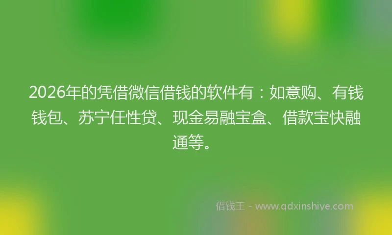 2026年的凭借微信借钱的软件有：如意购、有钱钱包、苏宁任性贷、现金易融宝盒、借款宝快融通等。