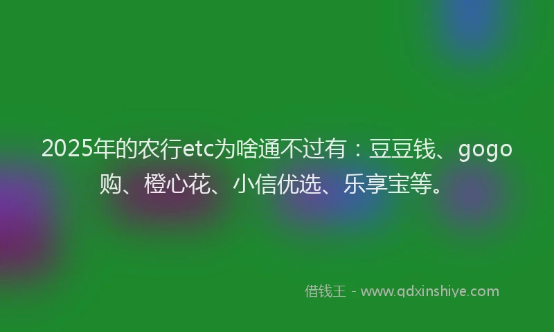 2025年的农行etc为啥通不过有：豆豆钱、gogo购、橙心花、小信优选、乐享宝等。