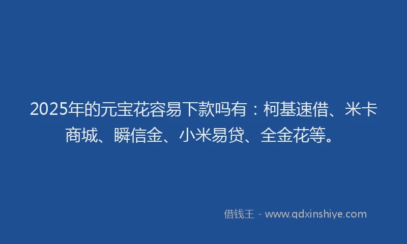 2025年的元宝花容易下款吗有：柯基速借、米卡商城、瞬信金、小米易贷、全金花等。