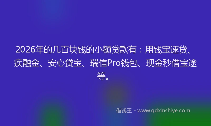 2026年的几百块钱的小额贷款有:用钱宝速贷、疾融金、安心贷宝、瑞信Pro钱包、现金秒借宝途等。