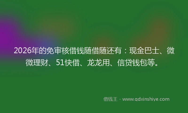 2026年的免审核借钱随借随还有：现金巴士、微微理财、51快借、龙龙用、信贷钱包等。