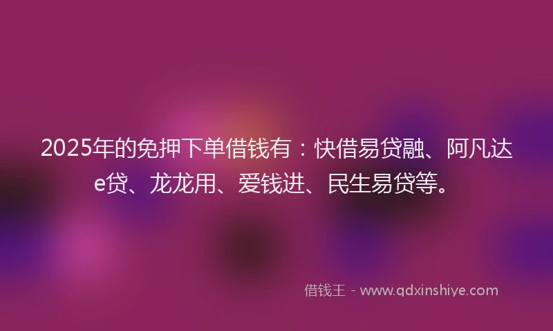 2025年的免押下单借钱有:快借易贷融、阿凡达e贷、龙龙用、爱钱进、民生易贷等。