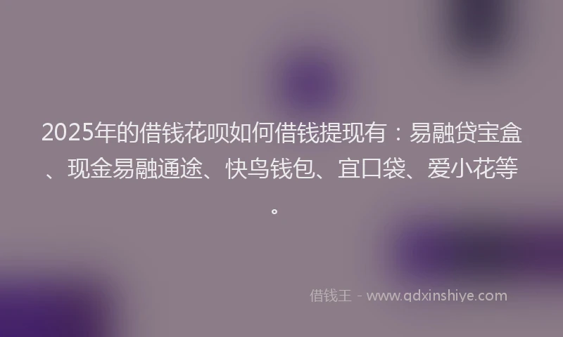 2025年的借钱花呗如何借钱提现有：易融贷宝盒、现金易融通途、快鸟钱包、宜口袋、爱小花等。