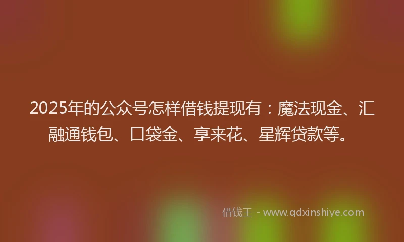 2025年的公众号怎样借钱提现有:魔法现金、汇融通钱包、口袋金、享来花、星辉贷款等。