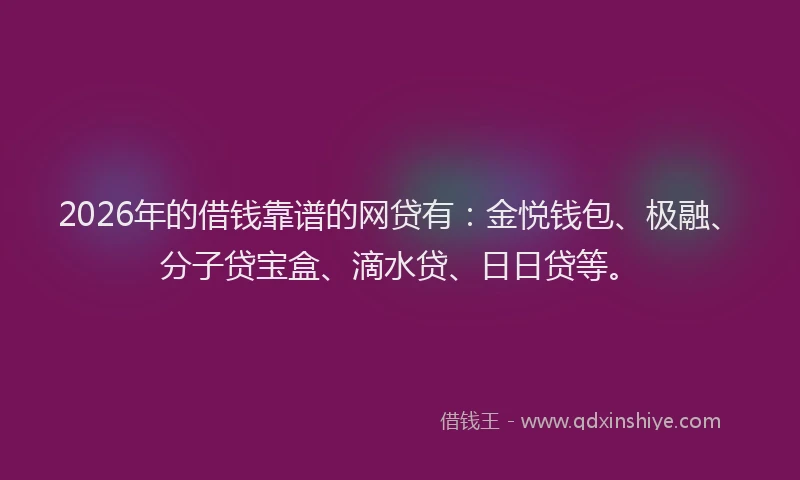 2026年的借钱靠谱的网贷有：金悦钱包、极融、分子贷宝盒、滴水贷、日日贷等。