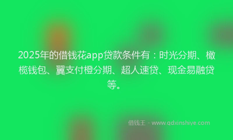 2025年的借钱花app贷款条件有：时光分期、橄榄钱包、翼支付橙分期、超人速贷、现金易融贷等。