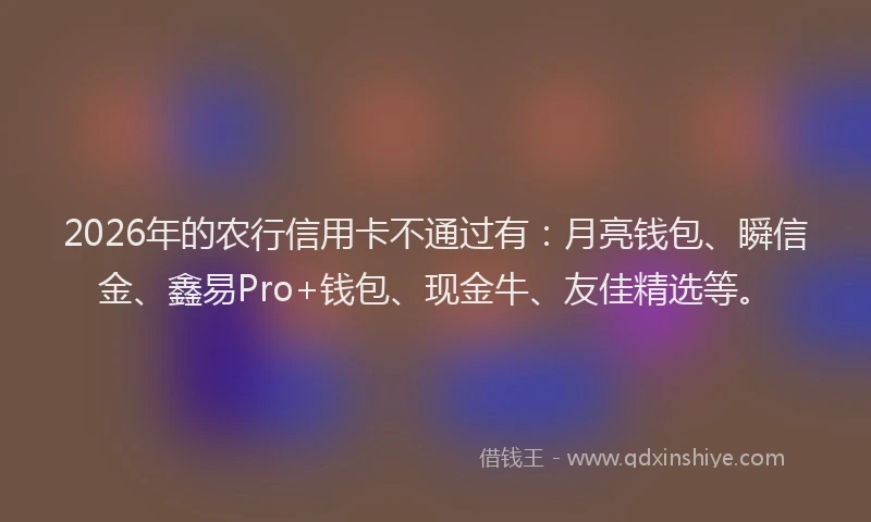 2026年的农行信用卡不通过有:月亮钱包、瞬信金、鑫易Pro+钱包、现金牛、友佳精选等。