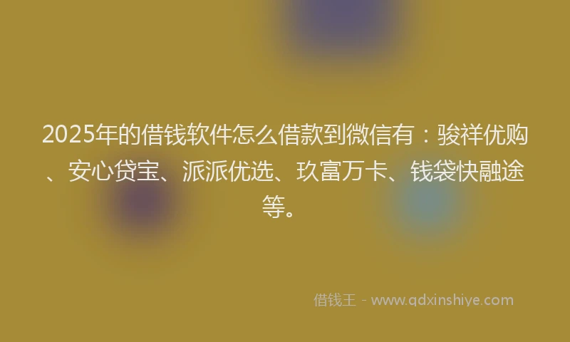 2025年的借钱软件怎么借款到微信有：骏祥优购、安心贷宝、派派优选、玖富万卡、钱袋快融途等。