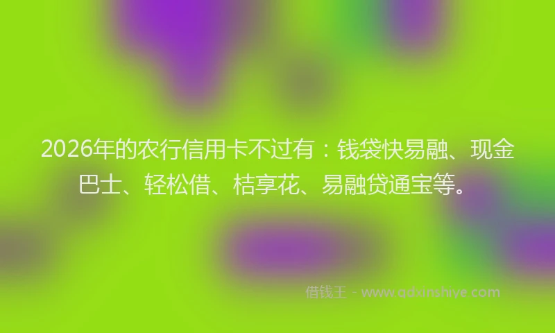 2026年的农行信用卡不过有：钱袋快易融、现金巴士、轻松借、桔享花、易融贷通宝等。
