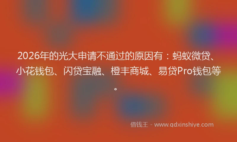2026年的光大申请不通过的原因有：蚂蚁微贷、小花钱包、闪贷宝融、橙丰商城、易贷Pro钱包等。