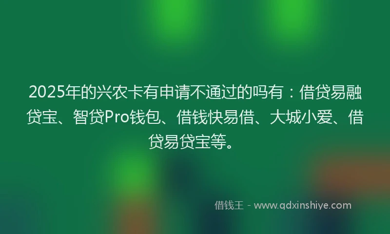 2025年的兴农卡有申请不通过的吗有:借贷易融贷宝、智贷Pro钱包、借钱快易借、大城小爱、借贷易贷宝等。