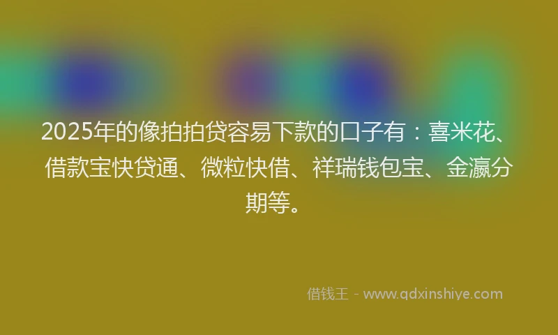 2025年的像拍拍贷容易下款的口子有:喜米花、借款宝快贷通、微粒快借、祥瑞钱包宝、金瀛分期等。