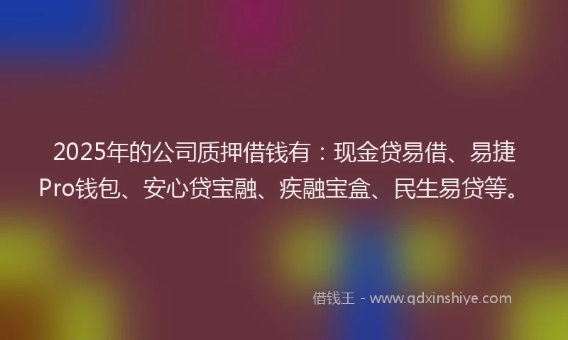 2025年的公司质押借钱有:现金贷易借、易捷Pro钱包、安心贷宝融、疾融宝盒、民生易贷等。