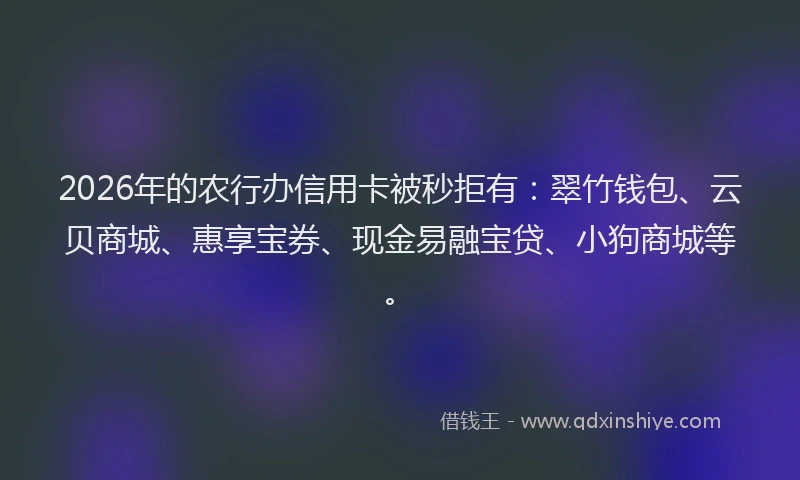 2026年的农行办信用卡被秒拒有：翠竹钱包、云贝商城、惠享宝券、现金易融宝贷、小狗商城等。