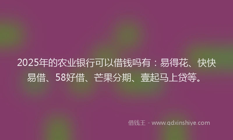 2025年的农业银行可以借钱吗有:易得花、快快易借、58好借、芒果分期、壹起马上贷等。