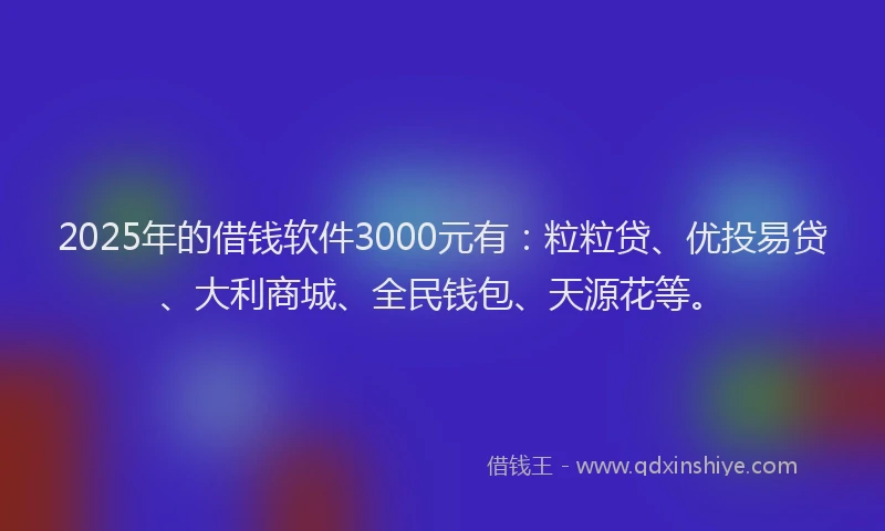 2025年的借钱软件3000元有:粒粒贷、优投易贷、大利商城、全民钱包、天源花等。