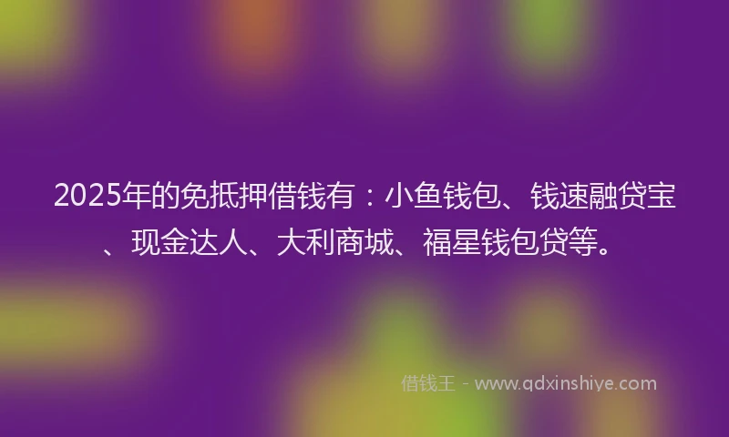 2025年的免抵押借钱有:小鱼钱包、钱速融贷宝、现金达人、大利商城、福星钱包贷等。
