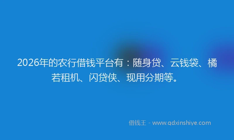 2026年的农行借钱平台有:随身贷、云钱袋、橘若租机、闪贷侠、现用分期等。