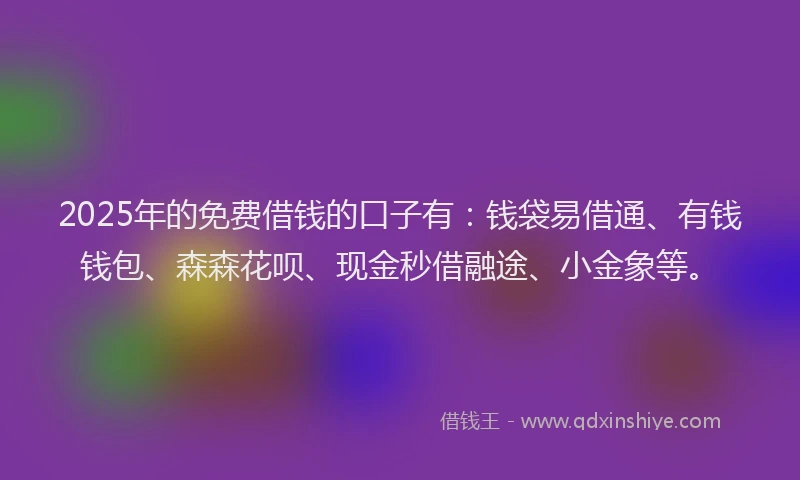 2025年的免费借钱的口子有：钱袋易借通、有钱钱包、森森花呗、现金秒借融途、小金象等。