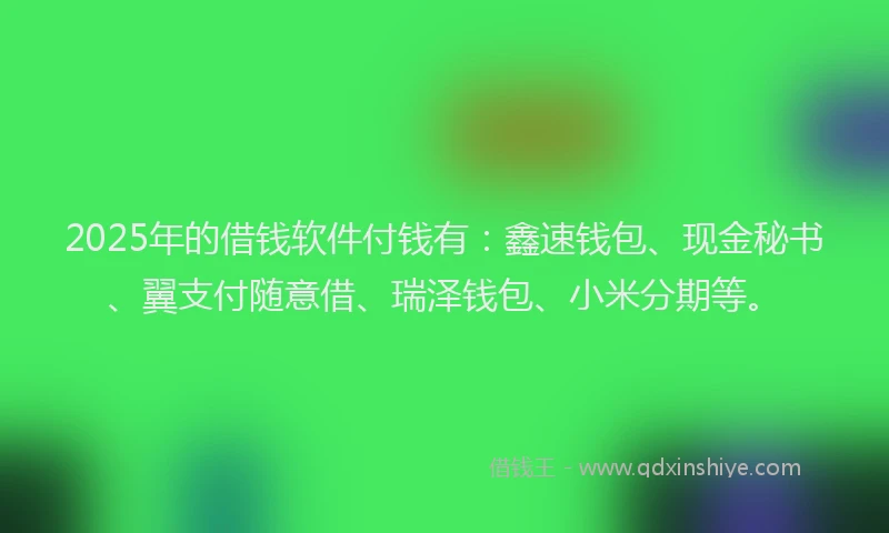 2025年的借钱软件付钱有：鑫速钱包、现金秘书、翼支付随意借、瑞泽钱包、小米分期等。