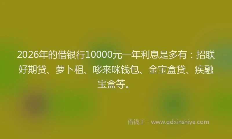 2026年的借银行10000元一年利息是多有：招联好期贷、萝卜租、哆来咪钱包、金宝盒贷、疾融宝盒等。