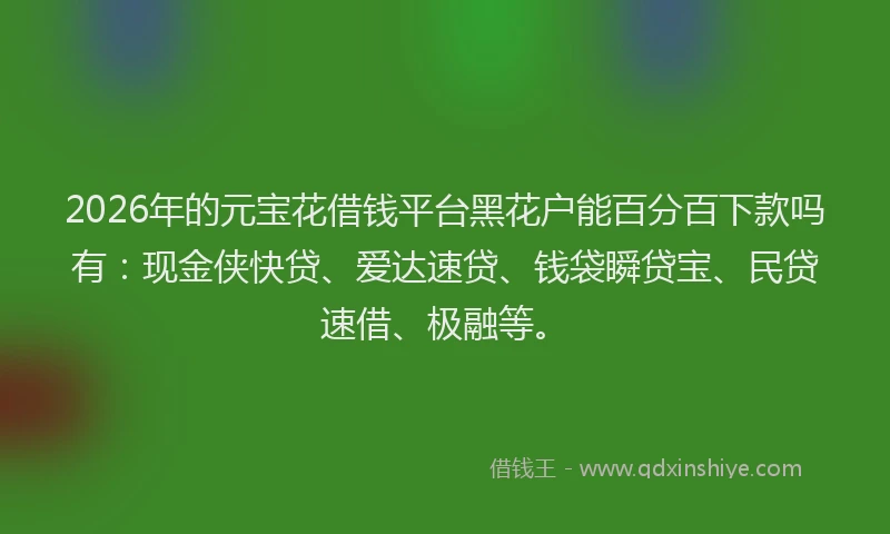 2026年的元宝花借钱平台黑花户能百分百下款吗有：现金侠快贷、爱达速贷、钱袋瞬贷宝、民贷速借、极融等。