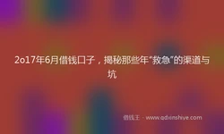 2o17年6月借钱口子，揭秘那些年“救急”的渠道与坑